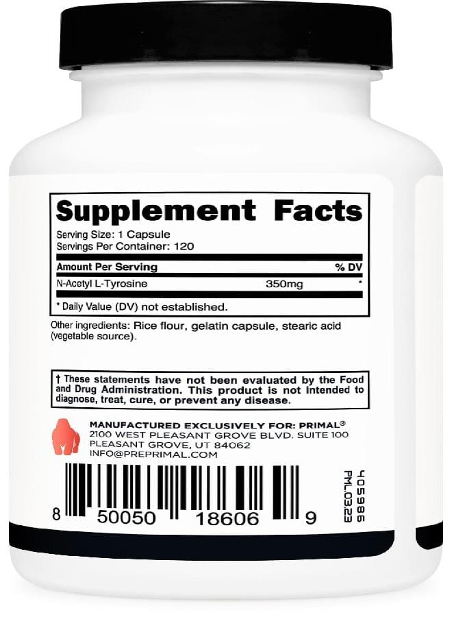 Primal N-Acetyl L-Tyrosine Capsules (120 Servings, 350mg Per Serving) (NALT) - Gluten Free, Non-GMO Amino Acid Supplement - Image 4